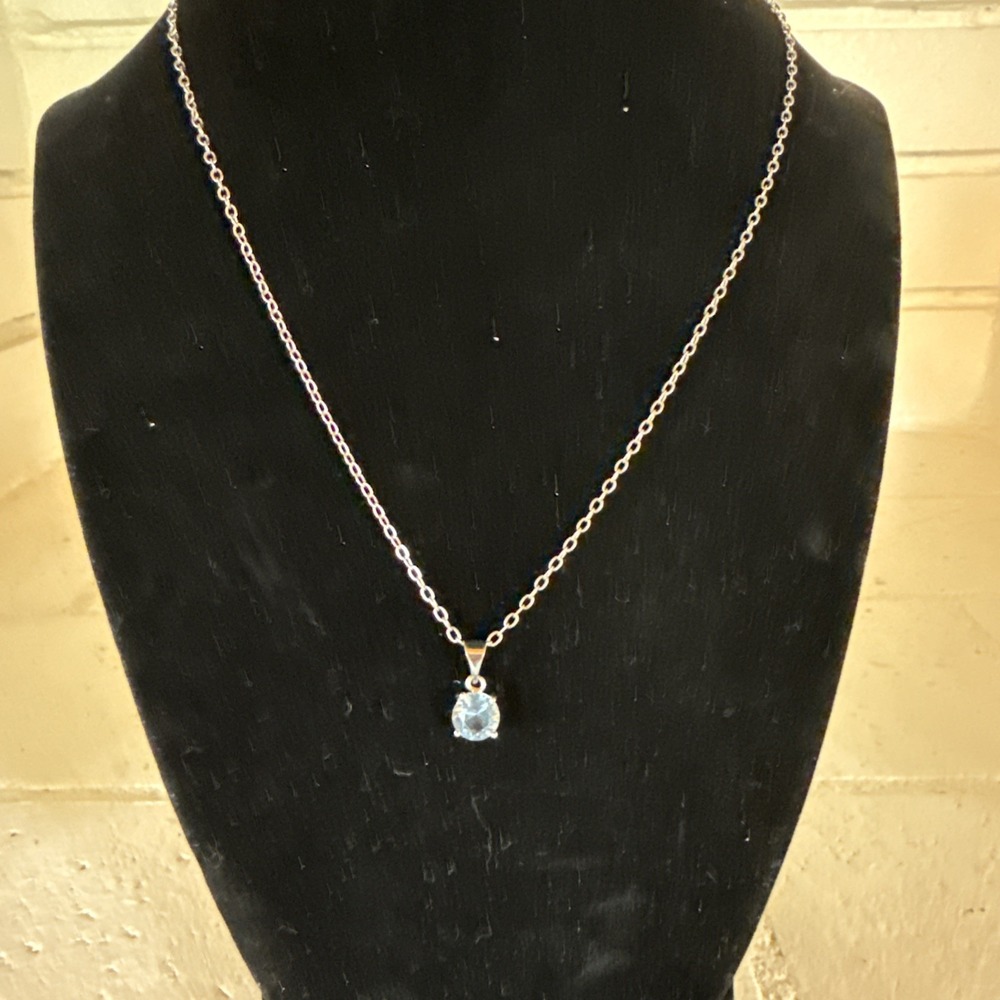925 Silver Necklace With Blue Topaz Stone 16" Chain Stunning